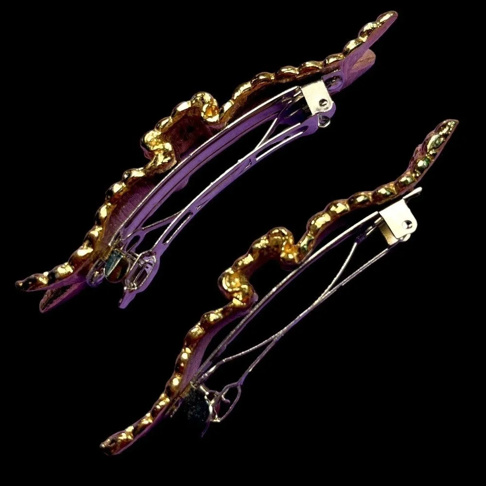 VTG Barrette Pair Gold-Tone Metal Woven Texture Bow Hair Jewelry Accessories 3”